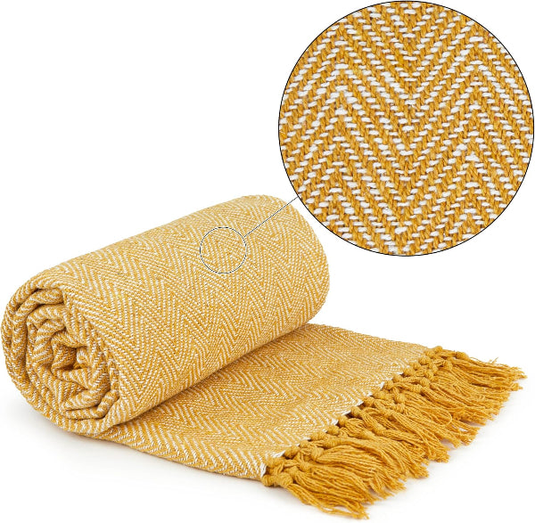 Emma Barclay Recycled Cotton Herringbone Throw Blanket, Ochre Yellow, 178x254cm