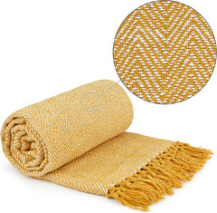 Emma Barclay Recycled Cotton Herringbone Throw Blanket, Ochre Yellow, 127x152cm