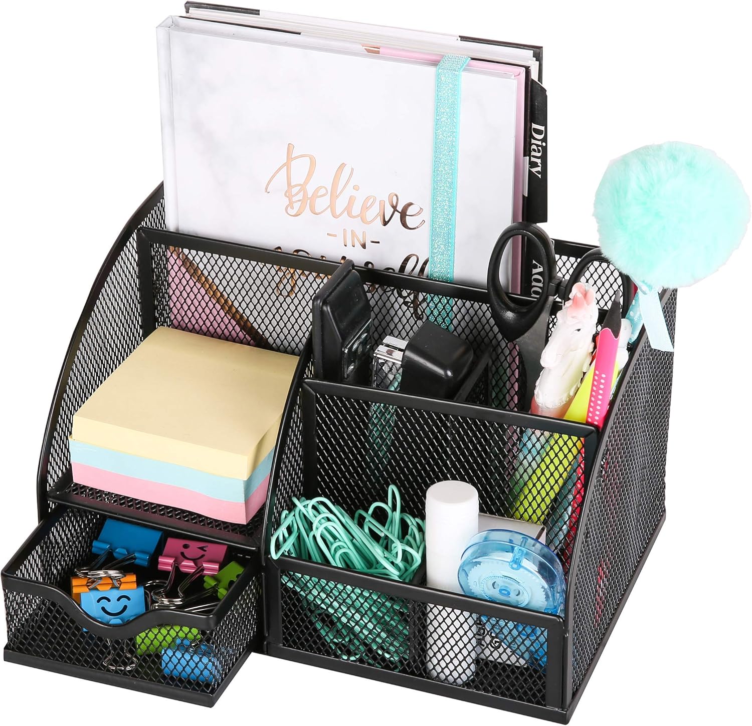 7-Compartment Mesh Desk Organizer Caddy – Multifunctional Pencil Holder, Black