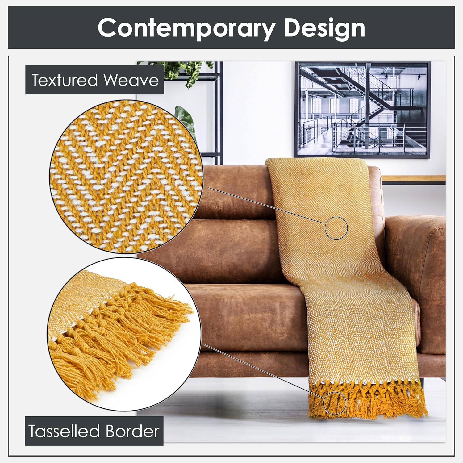 Emma Barclay Recycled Cotton Herringbone Throw Blanket, Ochre Yellow, 178x254cm
