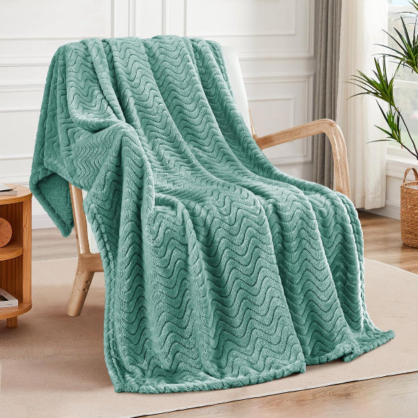 Exclusivo Mezcla Soft Fleece Throw Blanket, Wave Textured Plush, Celadon 127x178cm