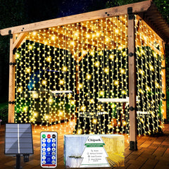 Upgraded Solar Curtain Lights, 300 LED Fairy Lights with Remote, 8 Modes, Waterproof Outdoor String Lights for Gazebo, Patio, Party, and Festivals (Warm White)