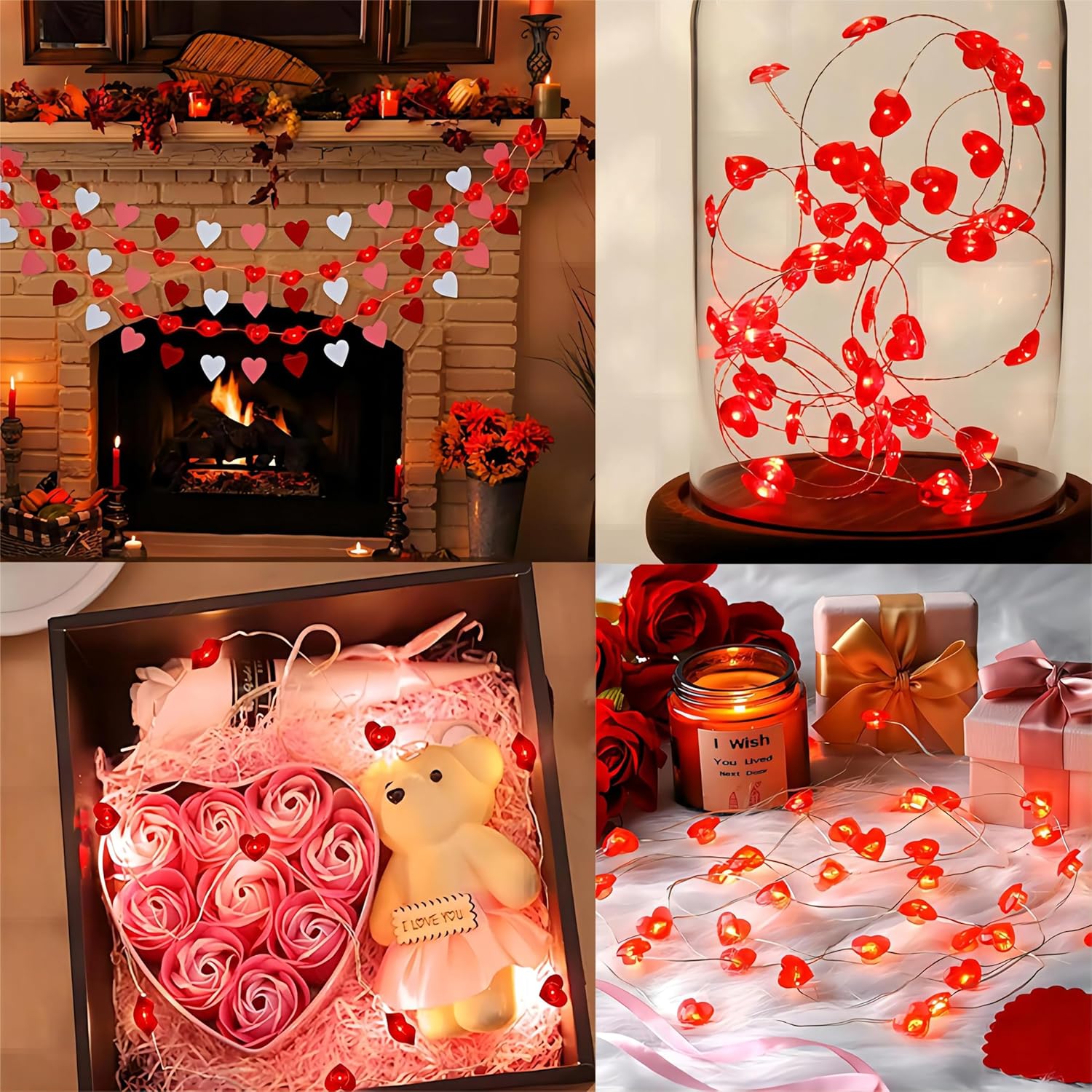 300cm Red Heart LED Fairy String Lights with Remote, Timer & 8 Lighting Modes – Battery Powered Waterproof Decor