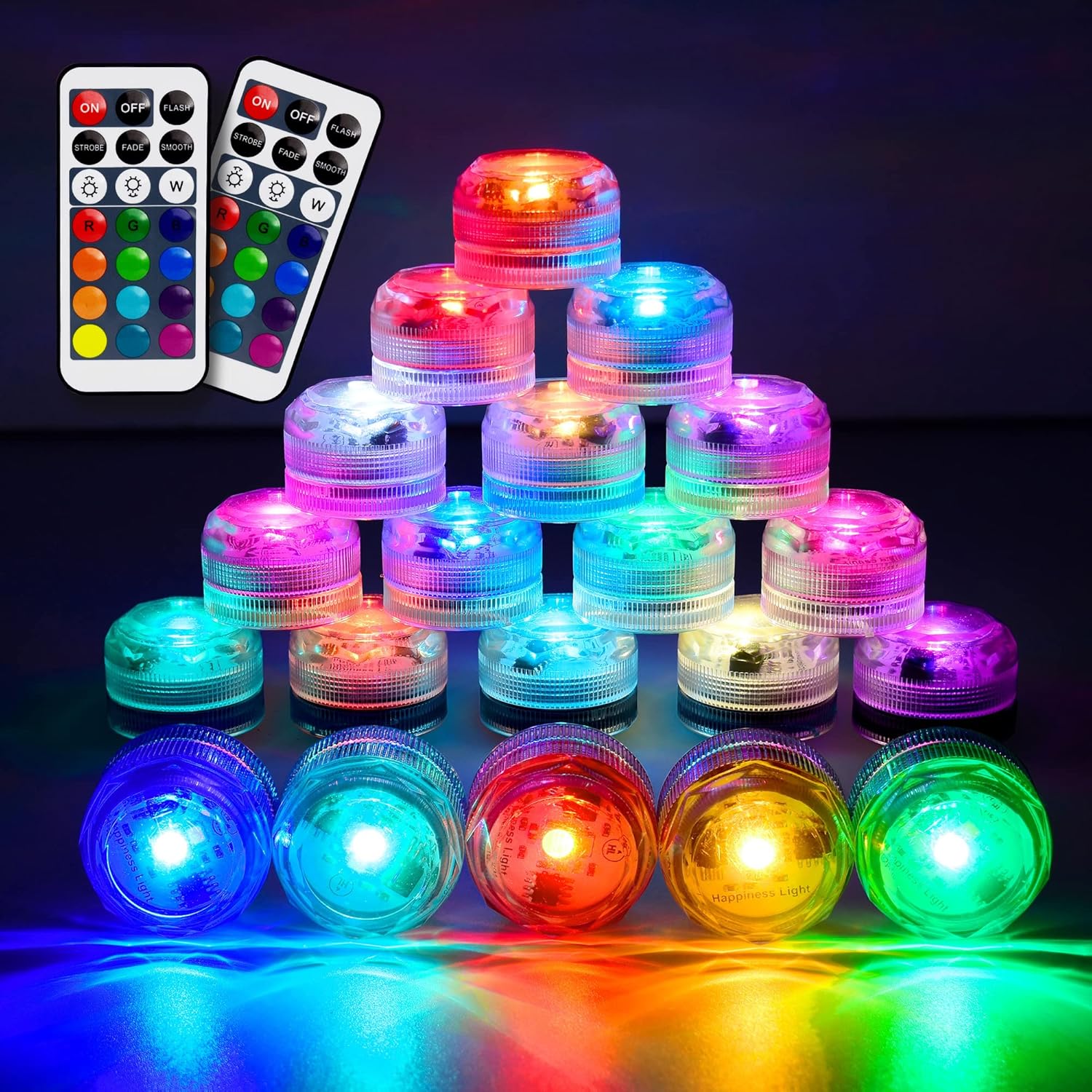 Submersible mini RGB LED lights - 20pc, remote controlled, 60-hour battery, waterproof