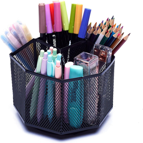 360° Rotating Mesh Desk Organizer Caddy – Multifunctional Pencil Holder, Black