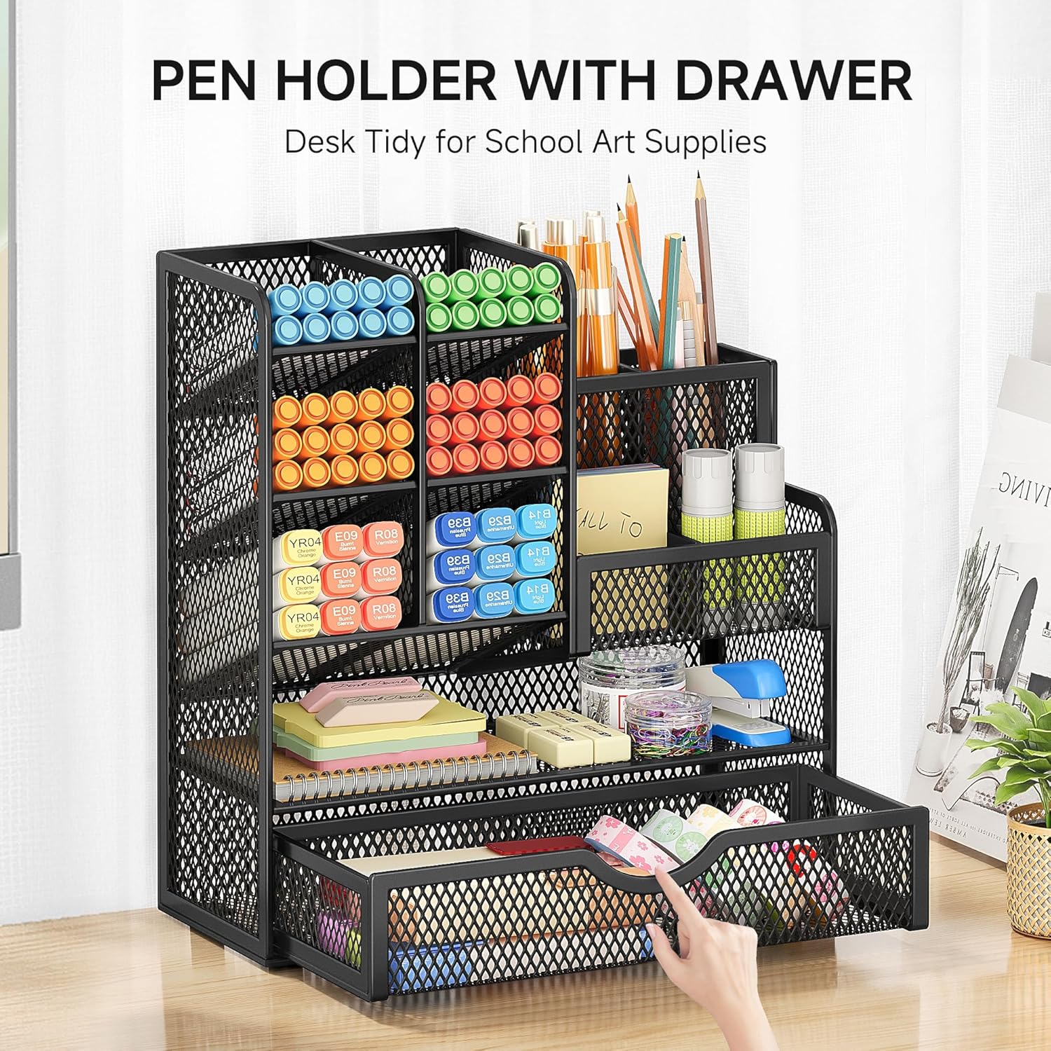 5-Tier Mesh Desk Organizer with Drawers – Metal Office & Makeup Storage, Black
