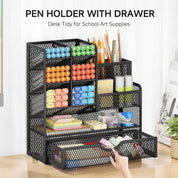 5-Tier Mesh Desk Organizer with Drawers – Metal Office & Makeup Storage, Black