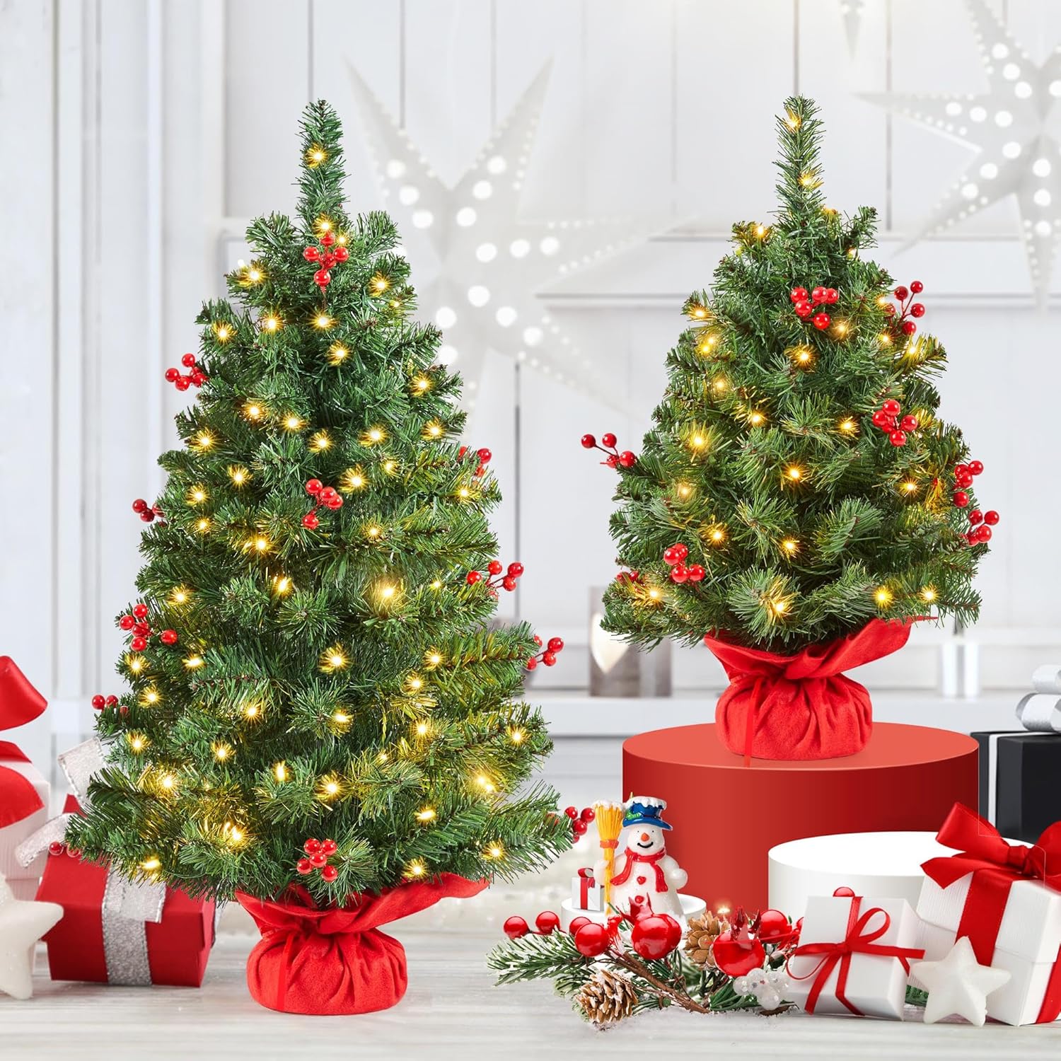 Indoor tabletop Christmas tree with cozy lighting