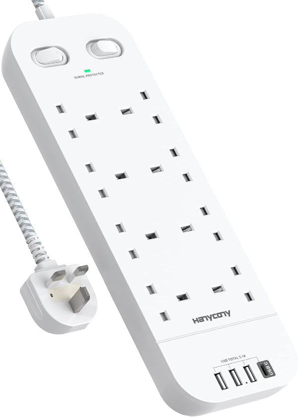 8-Way Extension Lead with 4 USB Ports, 1800J Surge Protected Power Strip 1.8M
