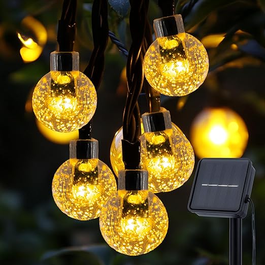 Solar Garden String Lights – 60 LED Crystal Ball, 12M, 8 Modes, IP65 Waterproof, Warm White