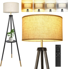 Solid Wood Tripod Floor Lamp with Remote & Shelf