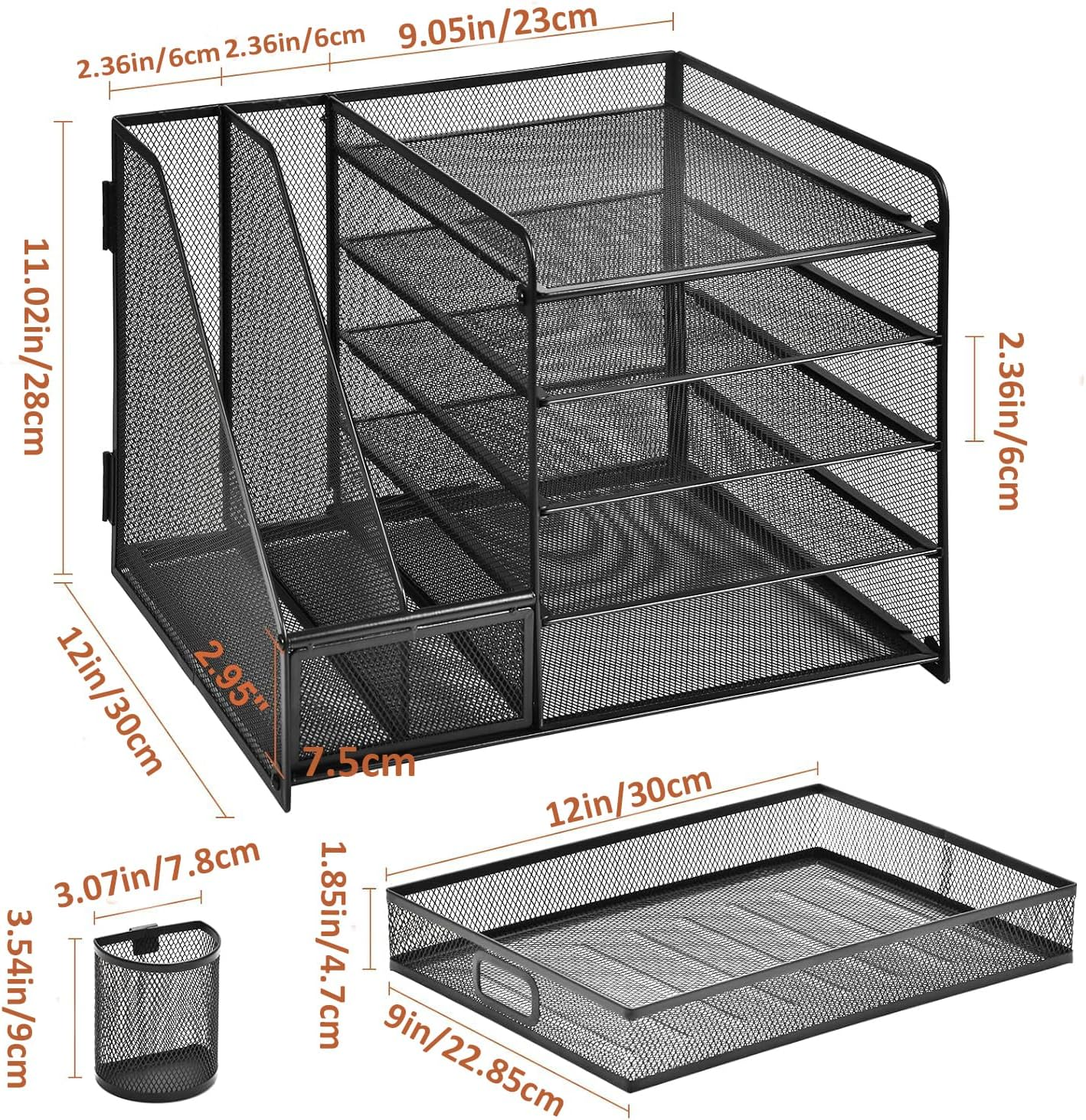 5-Tier Mesh Desk Organiser with Drawer & Pen Holders – File & Paper Tray Storage, Black