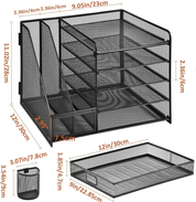 5-Tier Mesh Desk Organiser with Drawer & Pen Holders – File & Paper Tray Storage, Black
