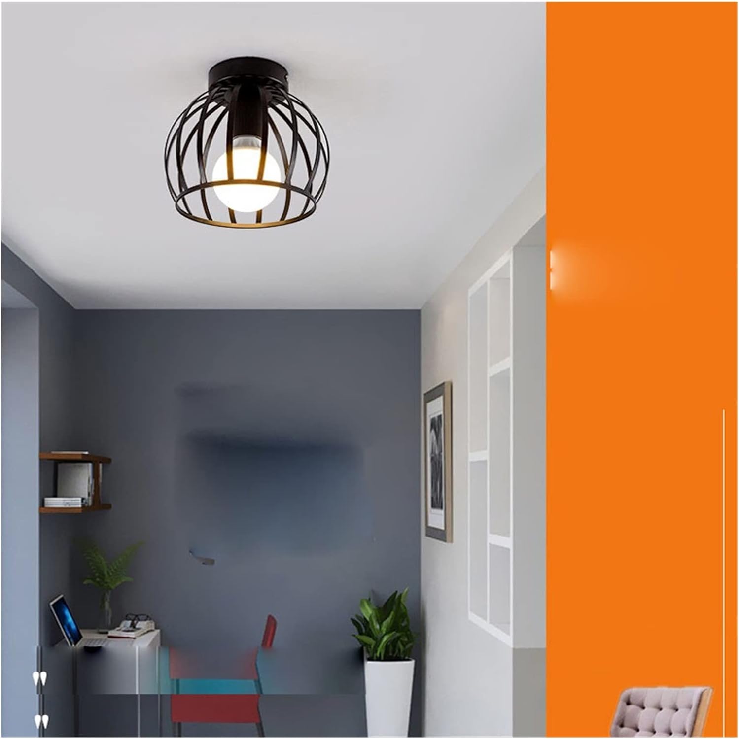 Vintage Semi Flush Ceiling Light – Black Metal Cage Fixture with E27 Holder for Living Room, Kitchen, Bedroom, or Hallway