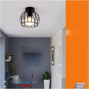 Vintage Semi Flush Ceiling Light – Black Metal Cage Fixture with E27 Holder for Living Room, Kitchen, Bedroom, or Hallway