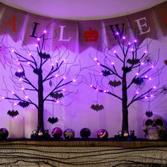 2FT Black Halloween Tree with Bats & Purple Lights