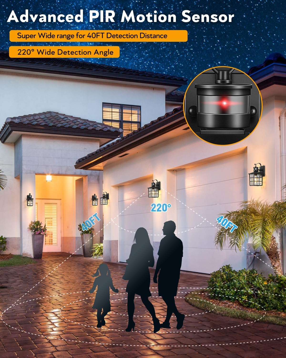 Outdoor Wall Lantern with Motion Sensor, Dusk-to-Dawn Black