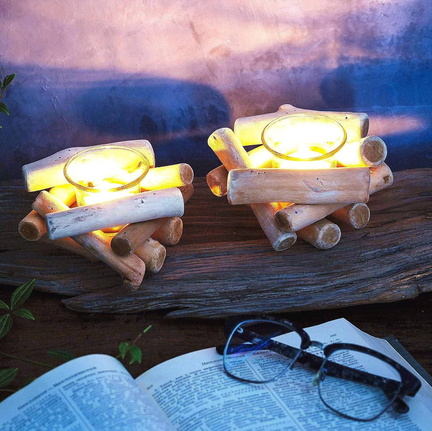 Rustic Driftwood Wooden Tea Light Candle Holder with Glass