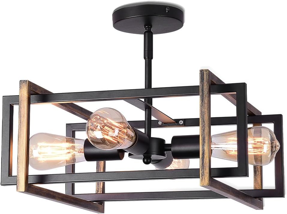 Vintage 4-Light Black Rustic Semi-Flush Ceiling Chandelier