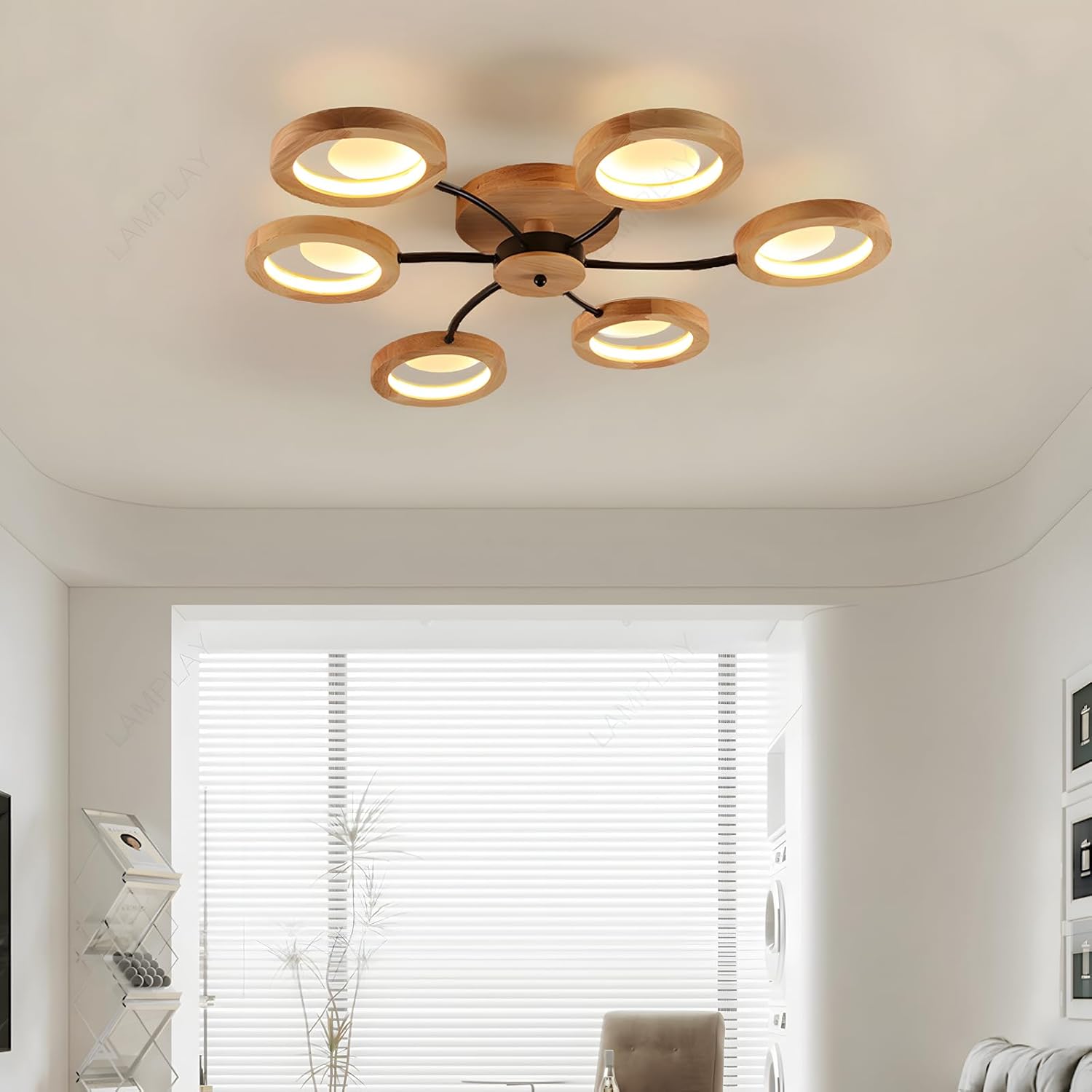 94cm LED Wooden Ceiling Light – Dimmable with Remote, Flower Design