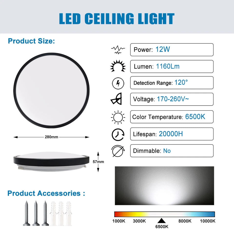 Modern Round LED Ceiling Light – 12W/18W, Waterproof, 6500K