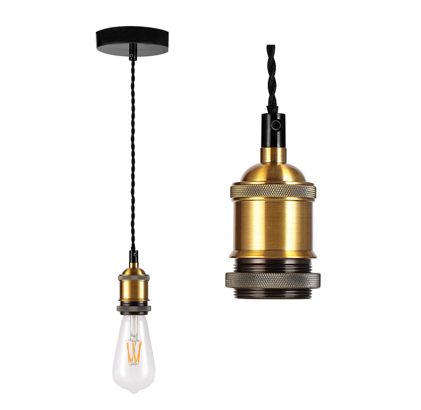 Vintage Ceiling Pendant Light Fitting, Brown Twisted Braided Flex,E27 Lamp Holder Suspended Pendant Light Fitting Kit-Antique