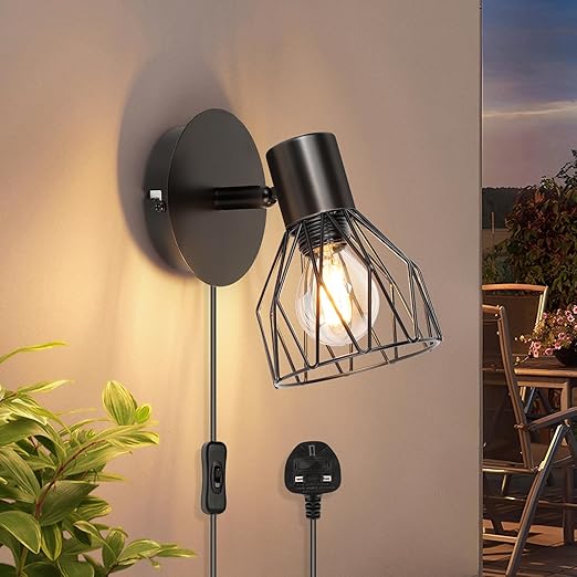 Black Industrial Wall Sconces, Rotatable E14, Set of 2