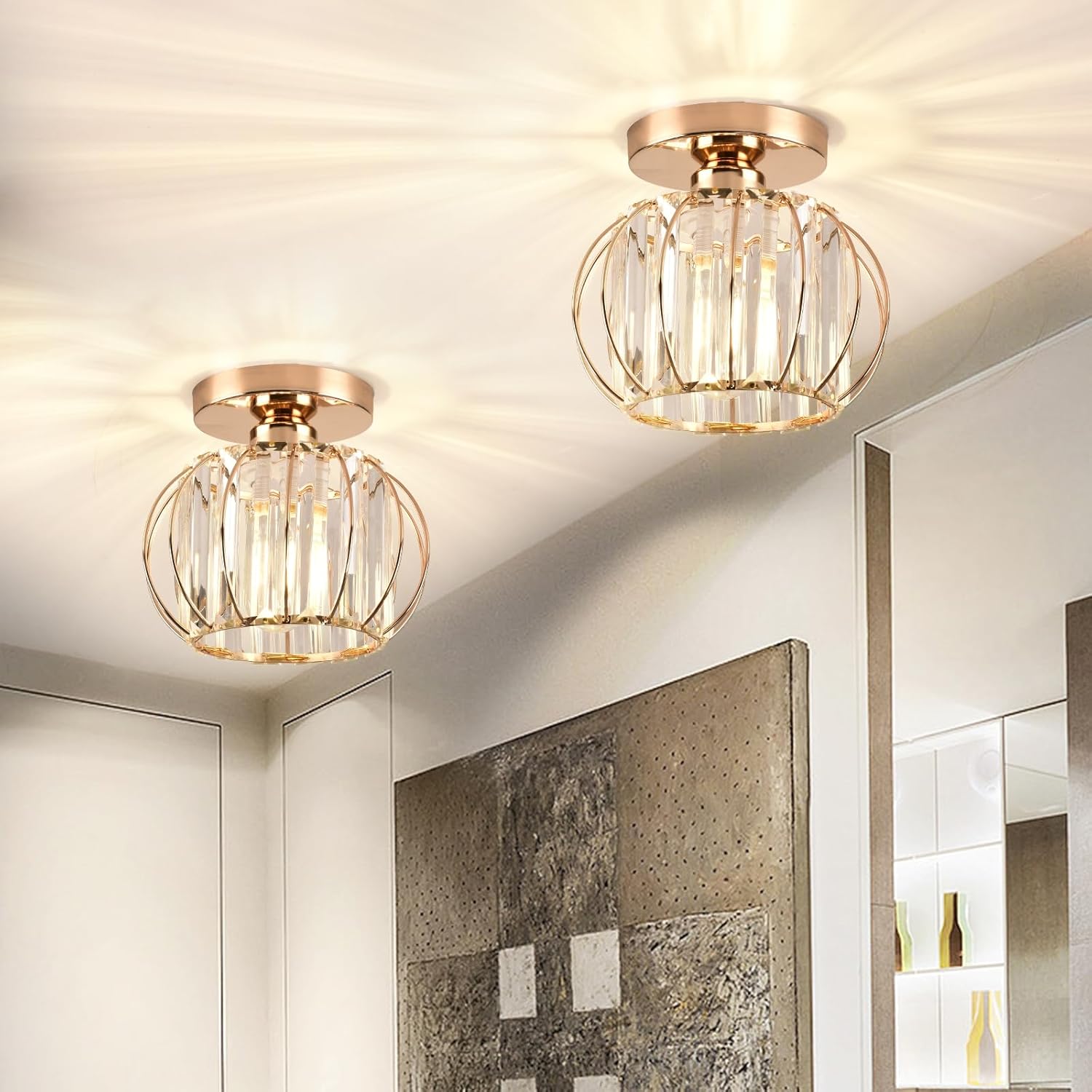 Small Crystal Ceiling Light – 2 Pack Black Metal Semi Flush Mount Chandelier