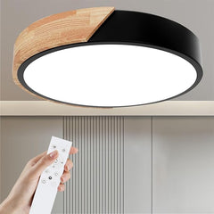 Wooden LED Ceiling Light, Dimmable Modern Fixture with Remote