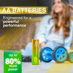 AA battery with promotional text about power performance and a blurred background of a person and toy car.