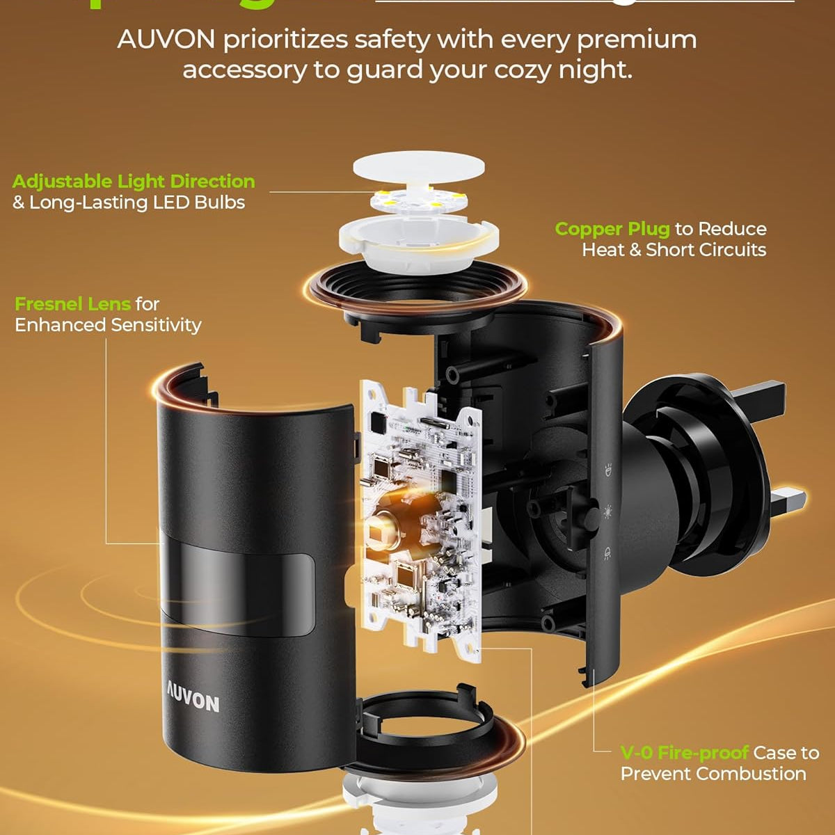 AUVON product with features highlighted on a brown background