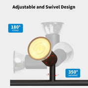 Adjustable and swivel design of a light fixture with labeled angles on a white background.