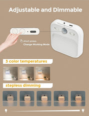 Adjustable and dimmable light control system with hand pressing a button and color temperature changes shown.