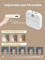 Adjustable and dimmable light control system with hand pressing a button and color temperature changes shown.