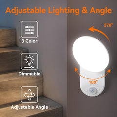 Adjustable lighting and angle feature of a night light on a staircase.