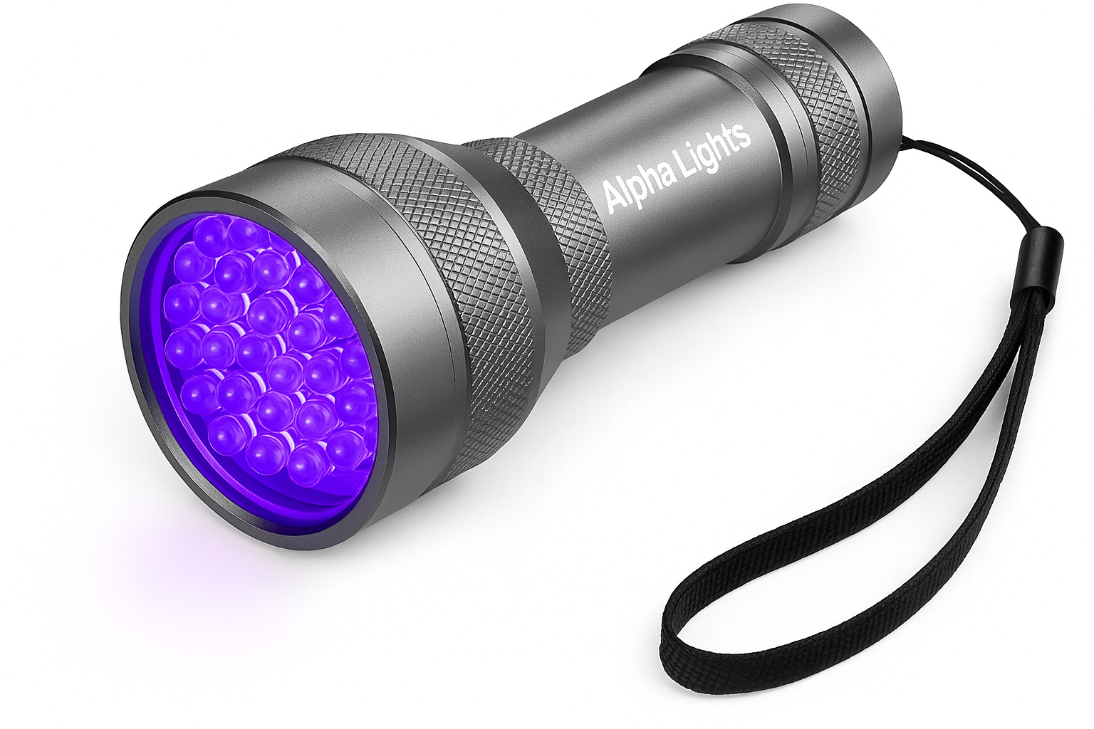 Alpha Lights UV flashlight with purple light on a white background