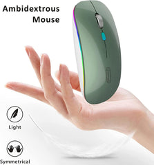 Ambidextrous mouse held in a hand with product name and features displayed.