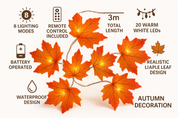Autumn-themed LED leaf lights with features listed on a white background
