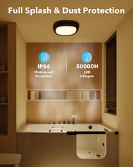 Bathroom with a light fixture, showcasing IP54 waterproof protection and 50000H LED lifespan features.