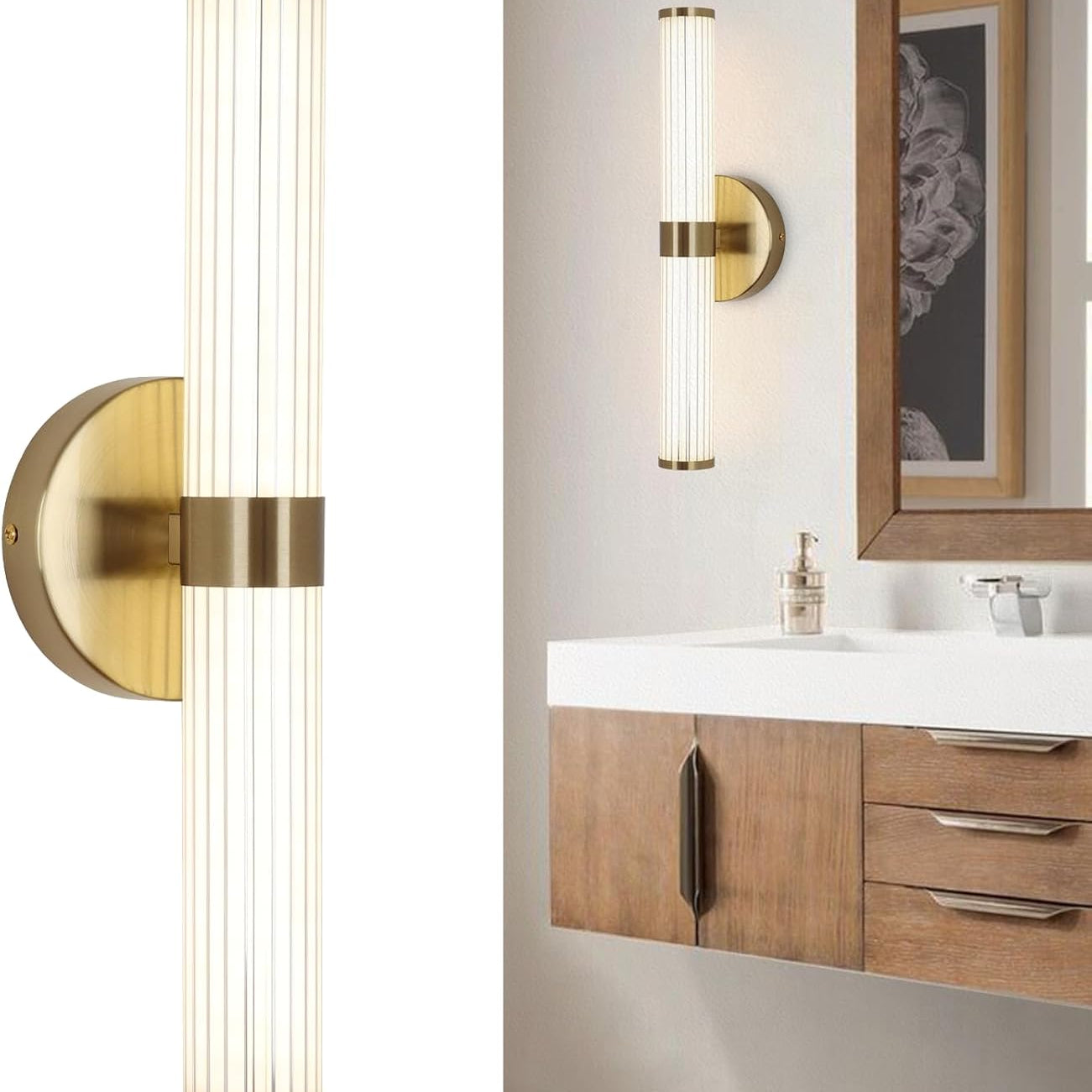 Bathroom with gold wall sconces and wooden vanity