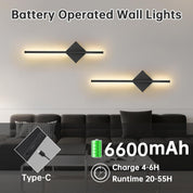 Battery operated wall lights with charging details in a living room setting