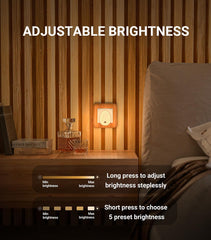 Bedroom scene with adjustable brightness control overlay