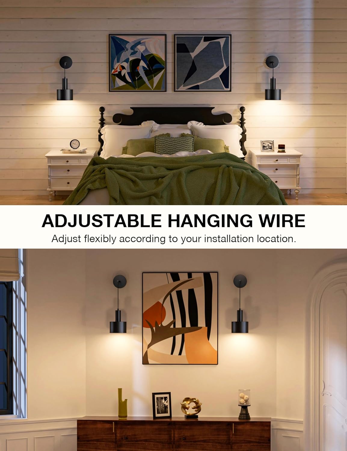 Bedroom with adjustable hanging wire system, featuring a bed and wall art.