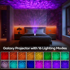Bedroom with galaxy projector casting colorful lights, surrounded by 16 lighting mode examples.