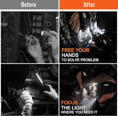 Before and after comparison of using a flashlight to work on a computer.