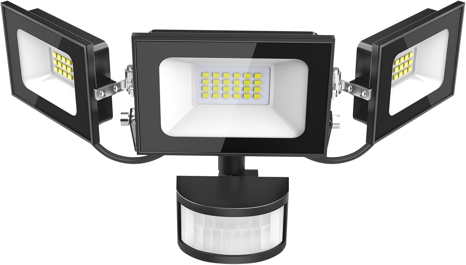 Black LED floodlight with three adjustable lights and motion sensor on a white background