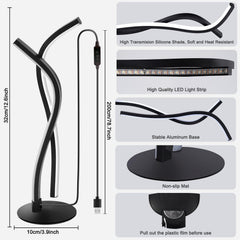 Black LED floor lamp with specifications and features on a white background