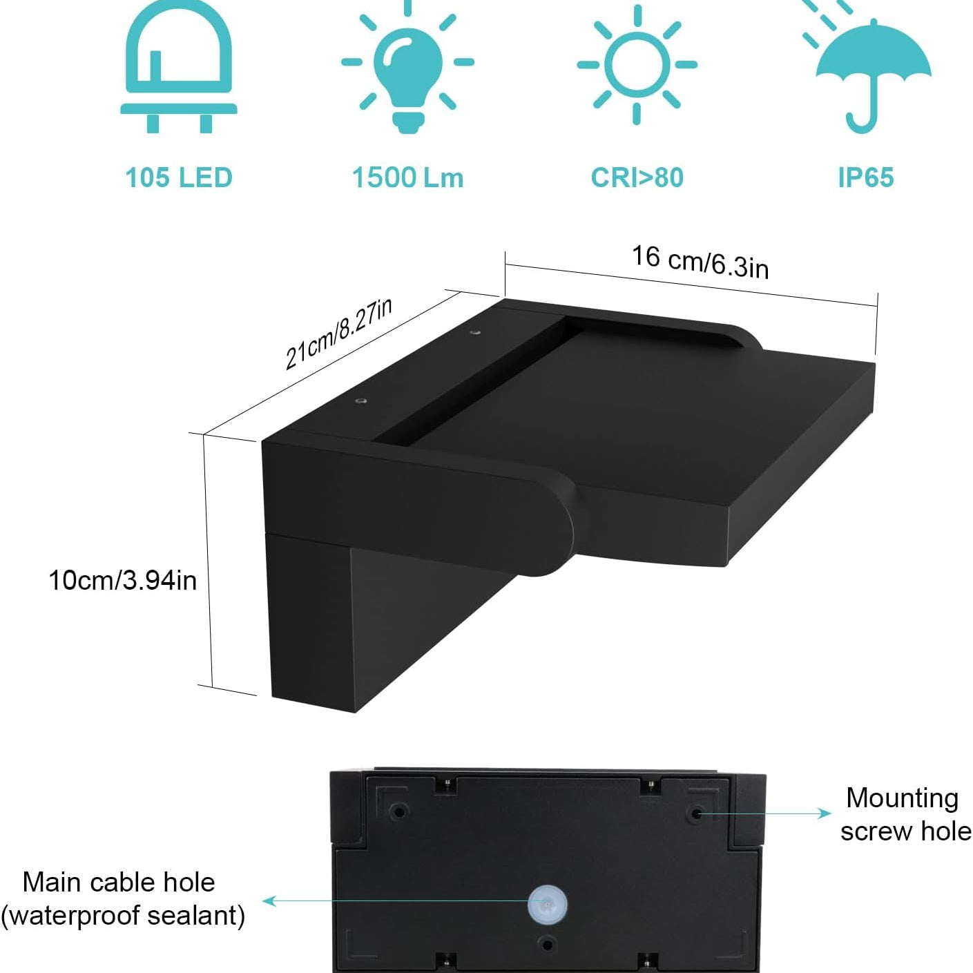 Black LED light fixture with specifications and dimensions on a white background