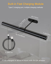 Black LED strip light with charging cable and adapter, showing dimensions and charging information.