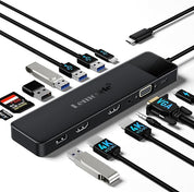 Black USB hub with various cables and connectors on a white background